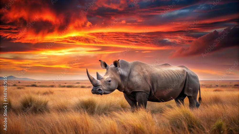Fototapeta premium Majestic Rhino Silhouette at Sunset in the African Savanna, a Powerful Symbol of Wilderness and Untamed Beauty