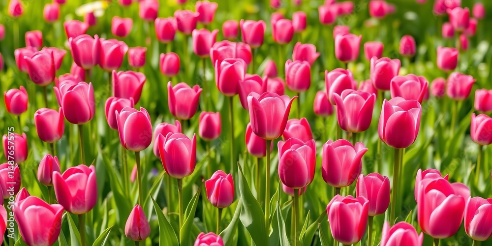 Fototapeta premium Vibrant pink tulips bloom in a lush spring meadow, natural, vibrant