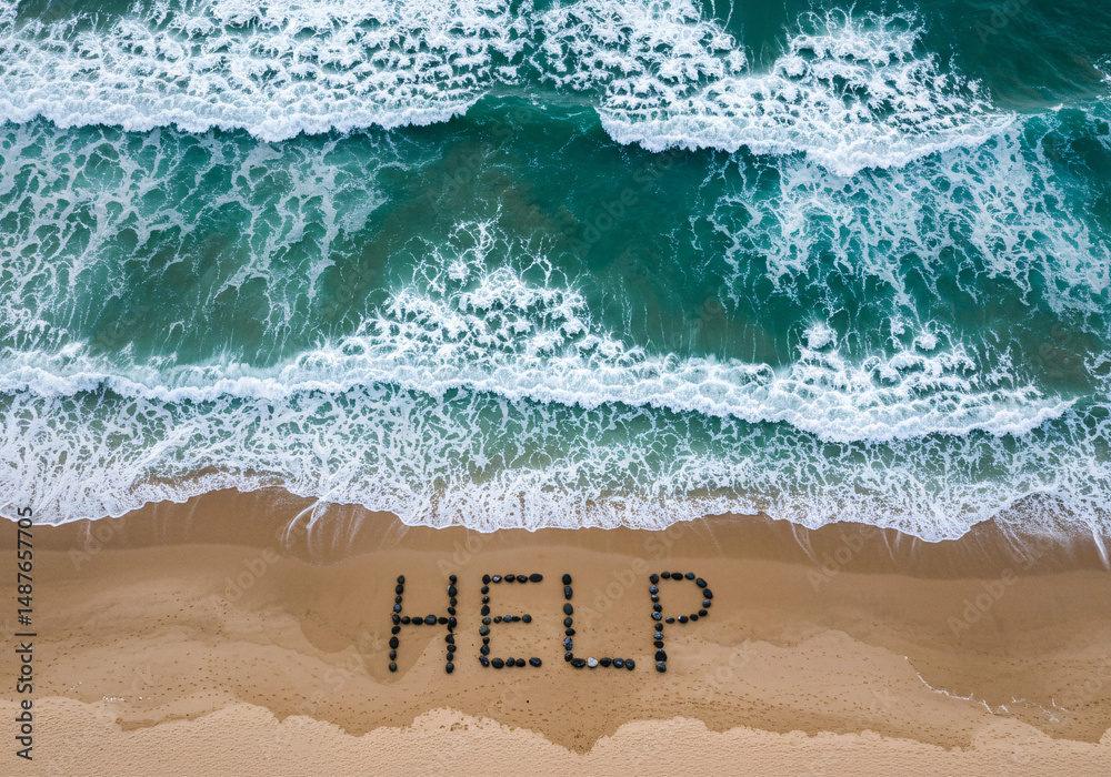 Fototapeta premium HELP big written on the beach by the sea.
