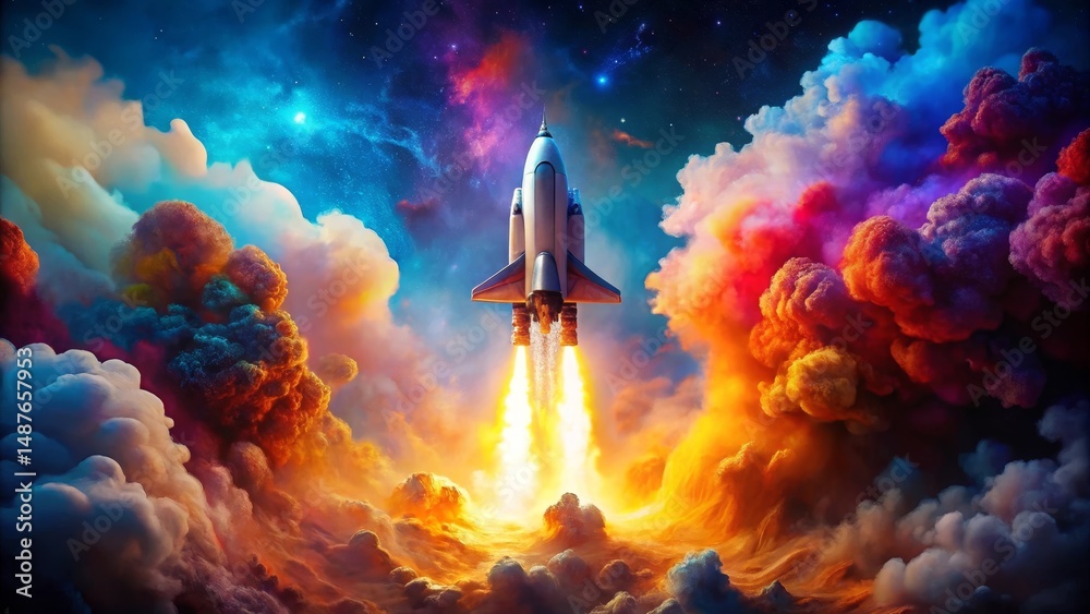 Obraz premium A vibrant spacecraft ascends through a surreal landscape of colorful clouds and cosmic nebulae, embarking on an interstellar voyage of discovery and wonder.