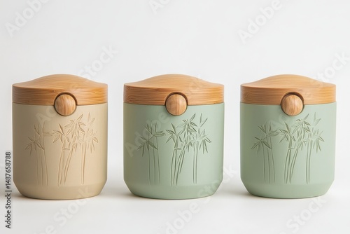Self-assembling bamboo fiber containers with magnetic closures, bamboo grove laser etchings in celadon green and sand colors