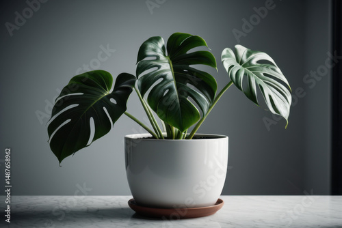 A potted plant sitting on a table with a white pot