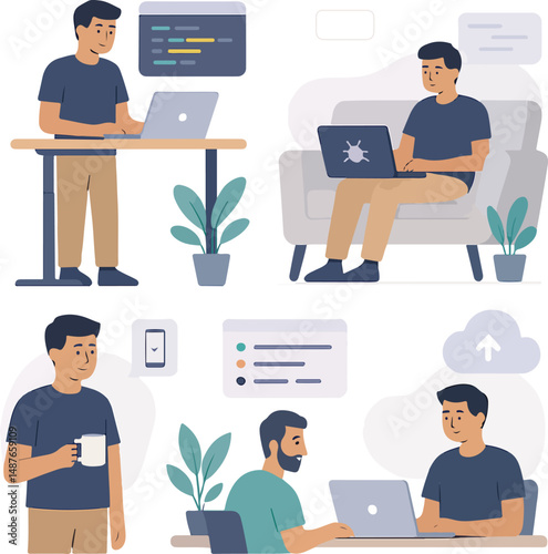 Online website development, plan and idea of building web site usability. Tiny people holding light bulb, software windows with video content and charts on computer screen cartoon vector illustration