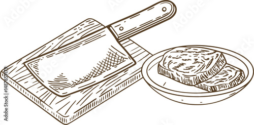 wooden cutting board with cleaver and sliced bread on plate rustic kitchen tool illustration
