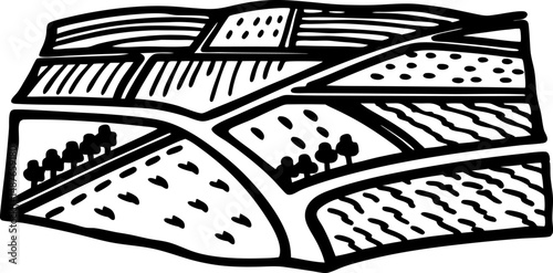 Black and white abstract farmland landscape with trees and fields illustration