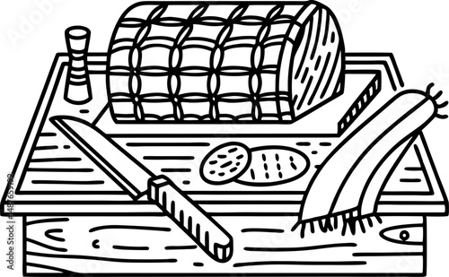 Sliced meat on cutting board with knife, pepper mill, and garnishes kitchen preparation scene