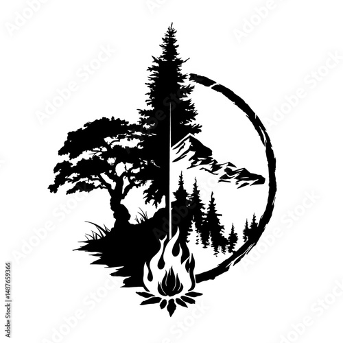 Nomadic archer poised on a rugged cliff edge beneath a luminous moonlit sky, versatile for fantasy RPG branding, outdoor adventure logos, wilderness expedition themes, survival guide illustrations