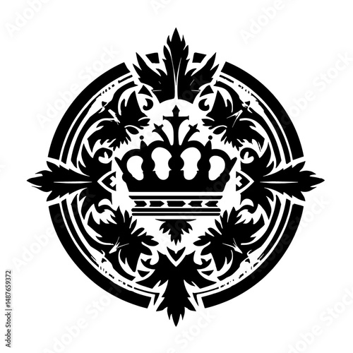 Regal crown perched atop an intricate laurel wreath accented with delicate filigree and flourishes, ideal for crafting luxury branding, royal event invitations and premium crest designs
