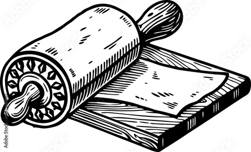 Vintage rolling pin with pattern and dough on cutting board in black and white illustration