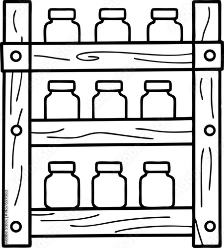 Wooden shelf with rows of jars for storage and organization in kitchen or pantry