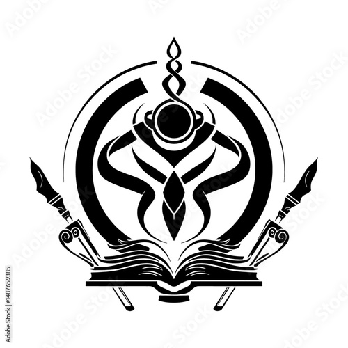 Wise sage silhouette beneath a radiant sun disk framed by intricate geometric mandala patterns, wielding a staff atop a scroll; a versatile vector for schools, spiritual workshops and brand identities