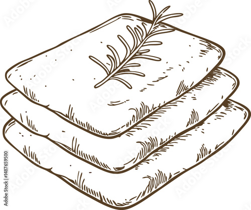 Illustration of herb infused focaccia bread slices with rosemary on top