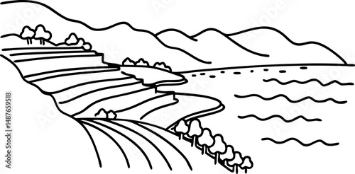 Landscape illustration of terraced farmland and hills by the sea
