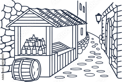 Vintage market stall with bottles and barrel in quaint cobblestone alleyway, historic charm