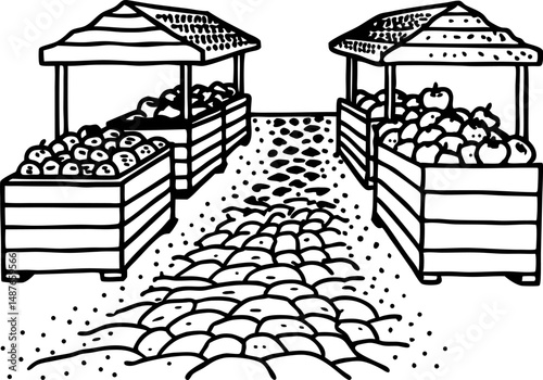 Rustic market stalls displaying fresh produce on cobbled pathway vintage outdoor market scene