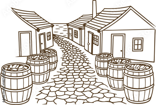 Rustic street with barrels and old buildings, vintage village scene