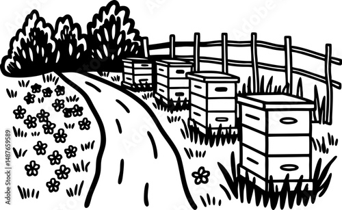 Illustrated countryside road with beehives and blooming flowers, nature and beekeeping concept