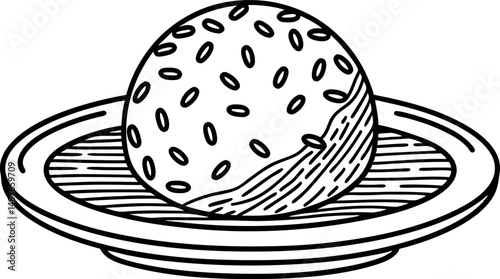 black and white illustration of rice ball on a plate with textured design