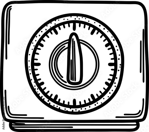 Retro kitchen timer illustration with bold mechanical dial design in black and white