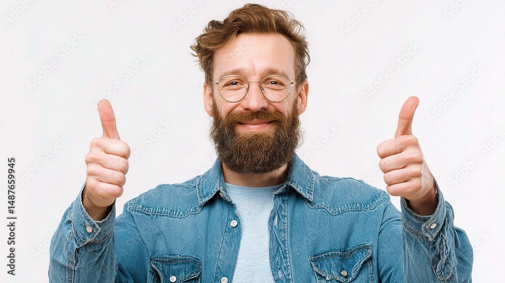 Cheerful Bearded Man in Casual Attire Showing Thumbs Up Gesture Cheerful Bearded Man in Casual Attire Showing Thumbs Up Gesture