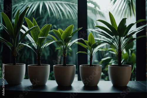 Four pots with greenery sit on a windowsill, natural light pouring in