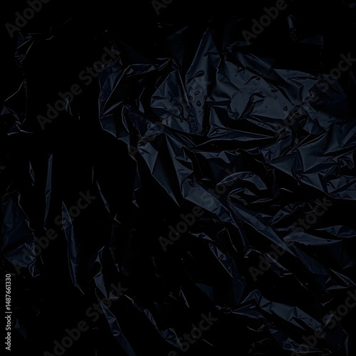 Black Plastic Wrap Texture: Wet Crumpled Abstract Background