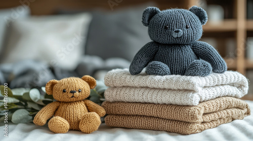 Cozy arrangement featuring stack of soft baby clothes alongside adorable knitted teddy bears, creating warm and inviting atmosphere perfect for nursery