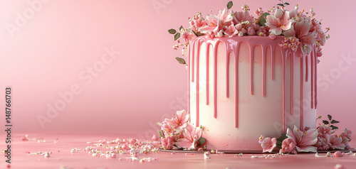 Beautiful photorealistic image of sweet cake adorned with pink floral decorations and glossy drip effect, creating delightful and inviting atmosphere