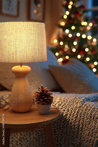 Cozy and inviting interior scene featuring stylish lamp illuminating warm atmosphere, complemented by decorative pinecone and beautifully adorned Christmas tree in background