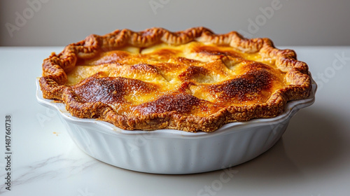 Golden brown apple pie in white ceramic dish, showcasing flaky crust and tempting filling. pie is freshly baked, inviting and perfect for dessert lovers