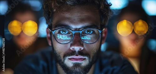Programmer with glasses is intensely working on project, surrounded by blurred figures in background. atmosphere is tech driven and engaging, highlighting concentration and teamwork