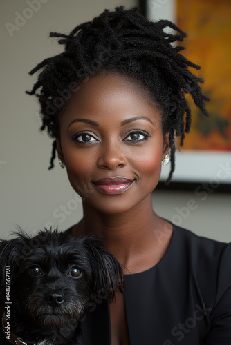 Beautiful woman with natural hair poses confidently with small black dog, showcasing warm and inviting atmosphere. background features soft colors that enhance overall charm