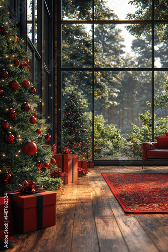 Cozy interior scene featuring beautifully decorated Christmas tree adorned with red ornaments, surrounded by wrapped gifts. large windows allow natural light to illuminate space, showcasing serene