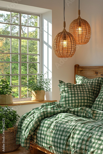 Cozy bedroom featuring comfortable bed with green plaid bedding, complemented by natural light streaming through large window. room is adorned with woven pendant lights and potted plants