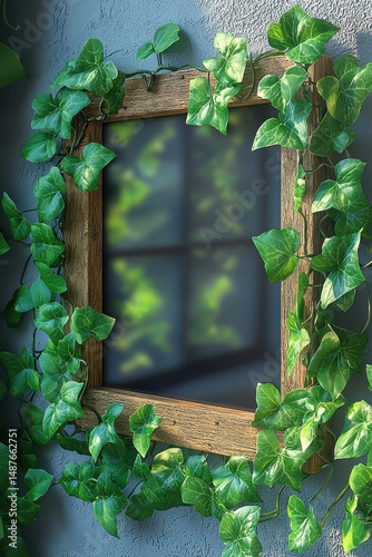 Wooden framed mirror surrounded by lush green ivy, creating serene and natural atmosphere. reflection hints at tranquil outdoor scene