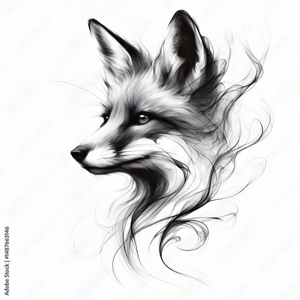 Naklejka premium An Ethereal Fox: A Dynamic Smoke Art Illustration with Delicate, Flowing, Abstract Black and White Lines.
