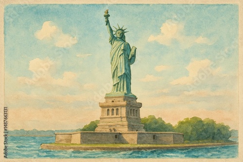 Scenic Watercolor Postcard of Country Landmark in Season
