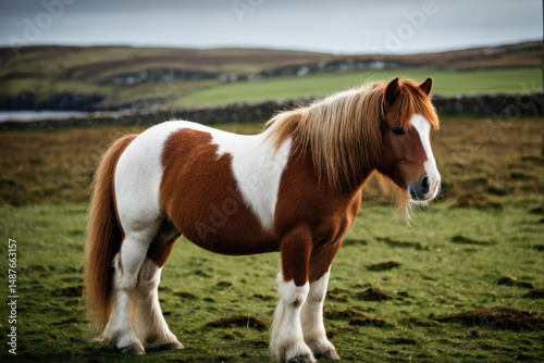 A brown and white horse stands in a green field with lush grass