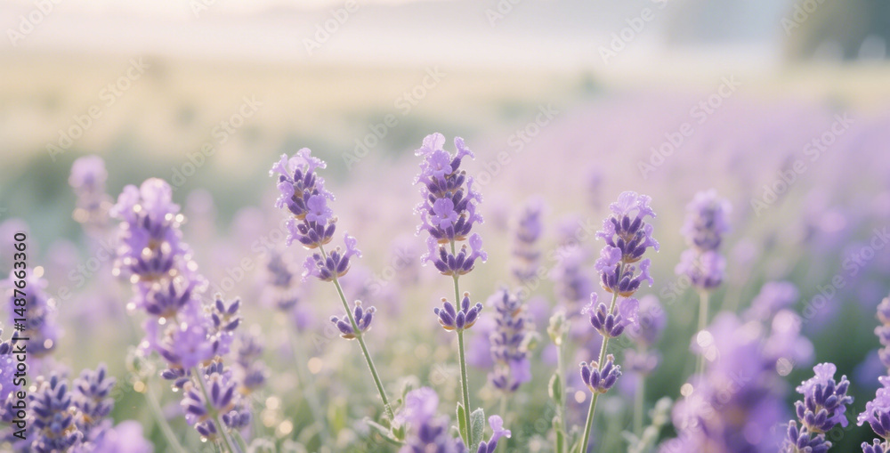Obraz premium Dreamy Lavender Field at Sunrise with Dew-Kissed Purple Blooms and Soft Pastel Light