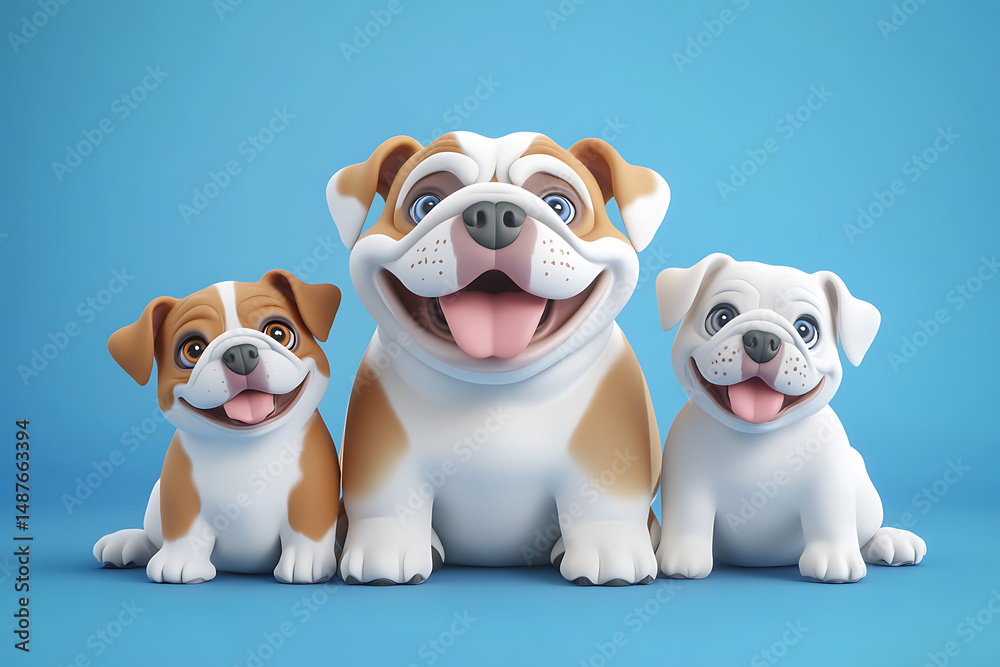 Fototapeta premium Three cartoon bulldogs with cheerful expressions sitting against a blue background, ideal for pet-themed designs