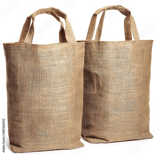 Two rustic jute tote bags presented against a clean white background a high resolution photo