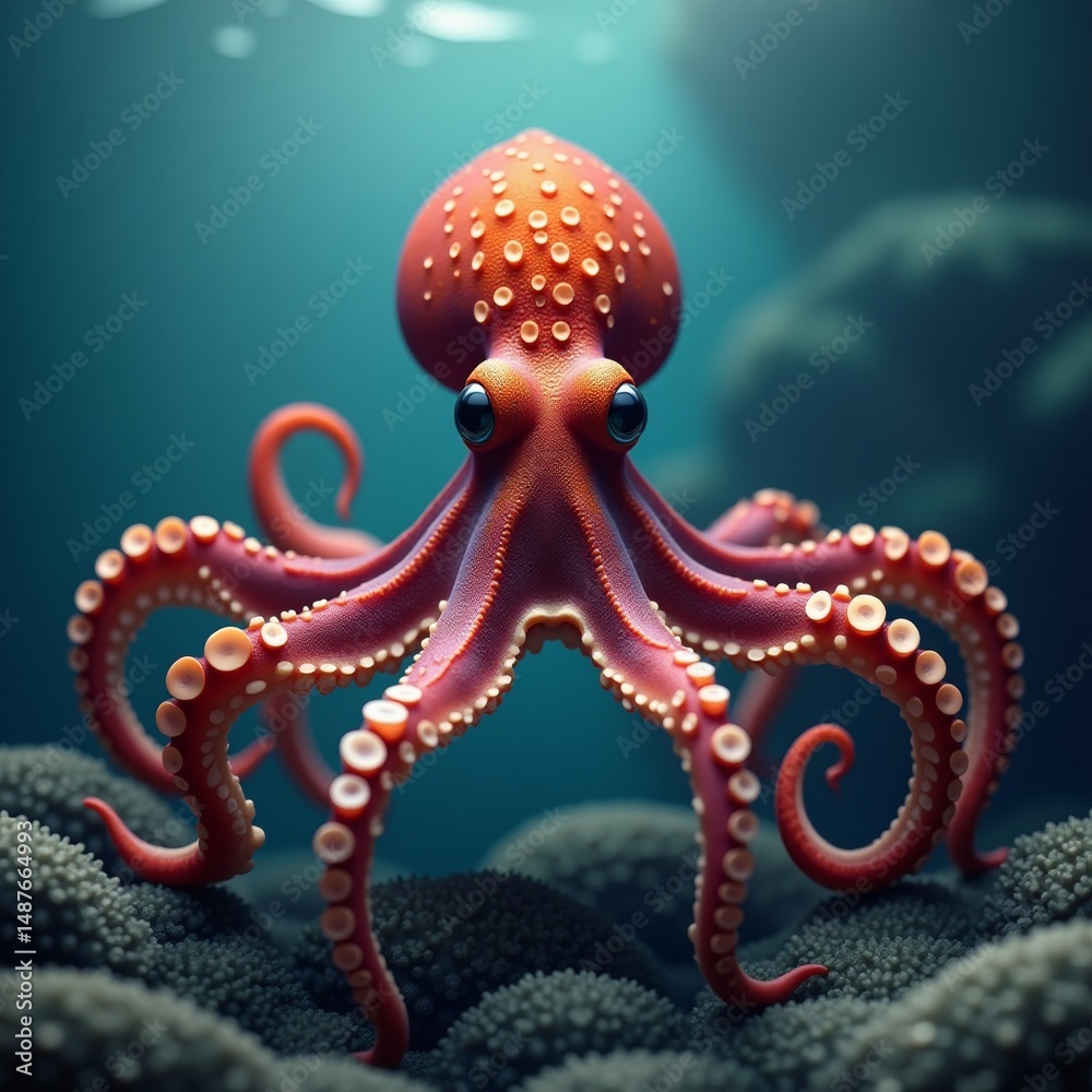 Fototapeta premium Orange octopus with speckled pattern on tentacles