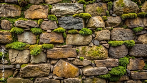 A Rustic Stone Wall Covered in Lush Green Moss, a Textured Background for Design Projects