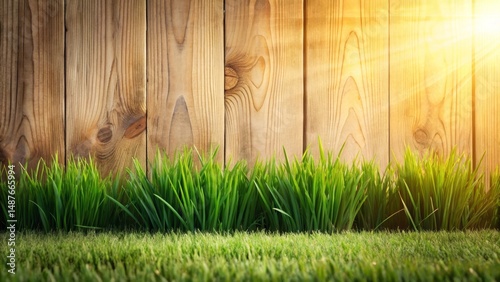 Lush Green Grass Bordering a Warm Wooden Fence Bathed in Golden Sunlight