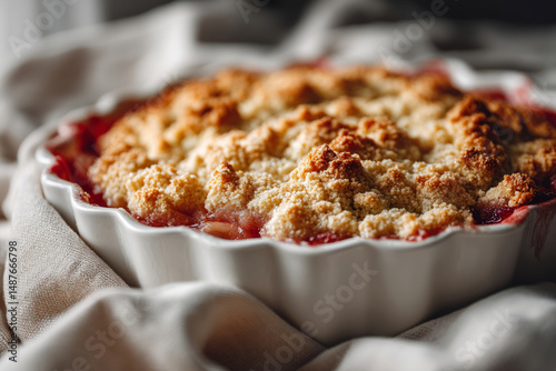 Rustic fruit crumble dessert in white baking dish