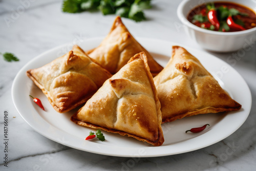 A white plate filled with three delicious pastries accompanied by a bowl of tangy sauce