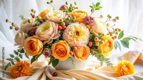 A vibrant autumnal floral arrangement in a cream-colored vase, showcasing a delightful mix of orange and peach roses, dahlias, and berries, elegantly displayed on a soft beige fabric
