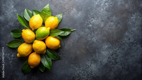 A vibrant cluster of ripe lemons and a lime, adorned with lush green leaves, arranged artfully on a dark textured surface provides a refreshing image.