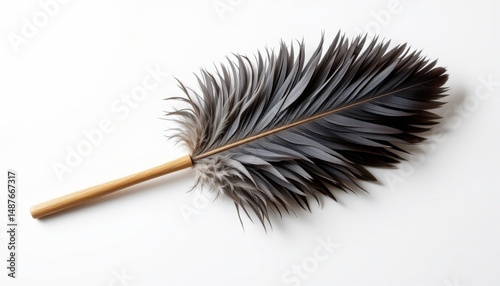 A close-up shot of a grey feather duster with a wooden handle, perfect for cleaning