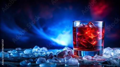 Aromatic Crimson Cocktail in Rocks Glass with Glimmering Ice Cubes on a Dark Surface under Dramatic Lighting